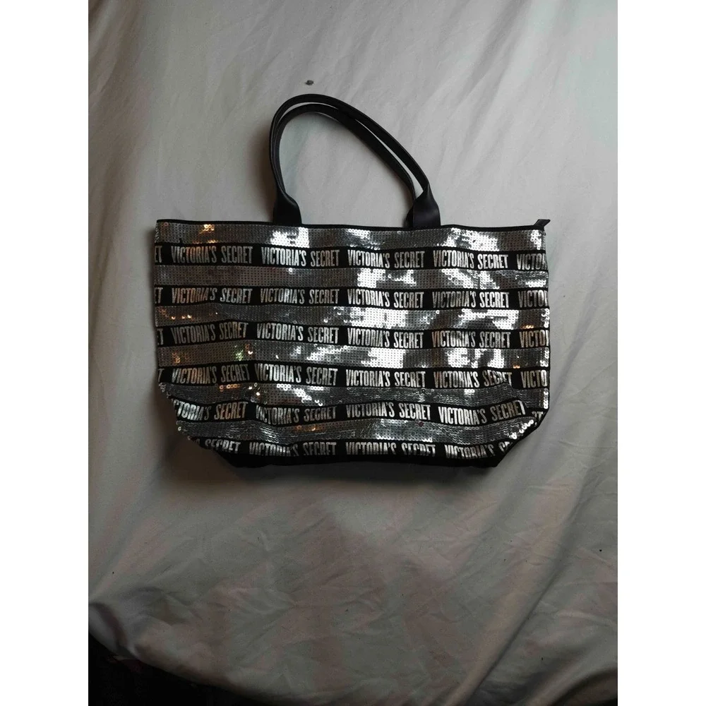 Victoria Secret Tote Bag Womens Black Silver Sequin Stripe Sparkle Y2K Glam